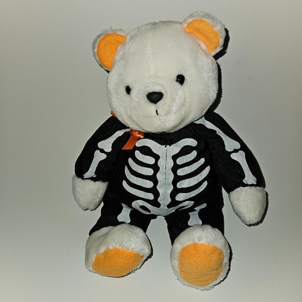 Hallmark Halloween Nylon Plush Skeleton Teddy Bear White Orange Black